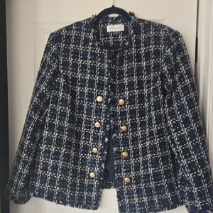 Calvin Klein Navy and White Tweed Blazer with Gold Buttons